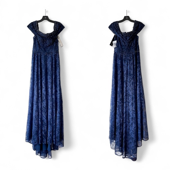 Alexander By Daymor Beaded Gown Maxi Slit Dress Wedding Off-Shoulder Navy 6 NWT - Picture 1 of 8
